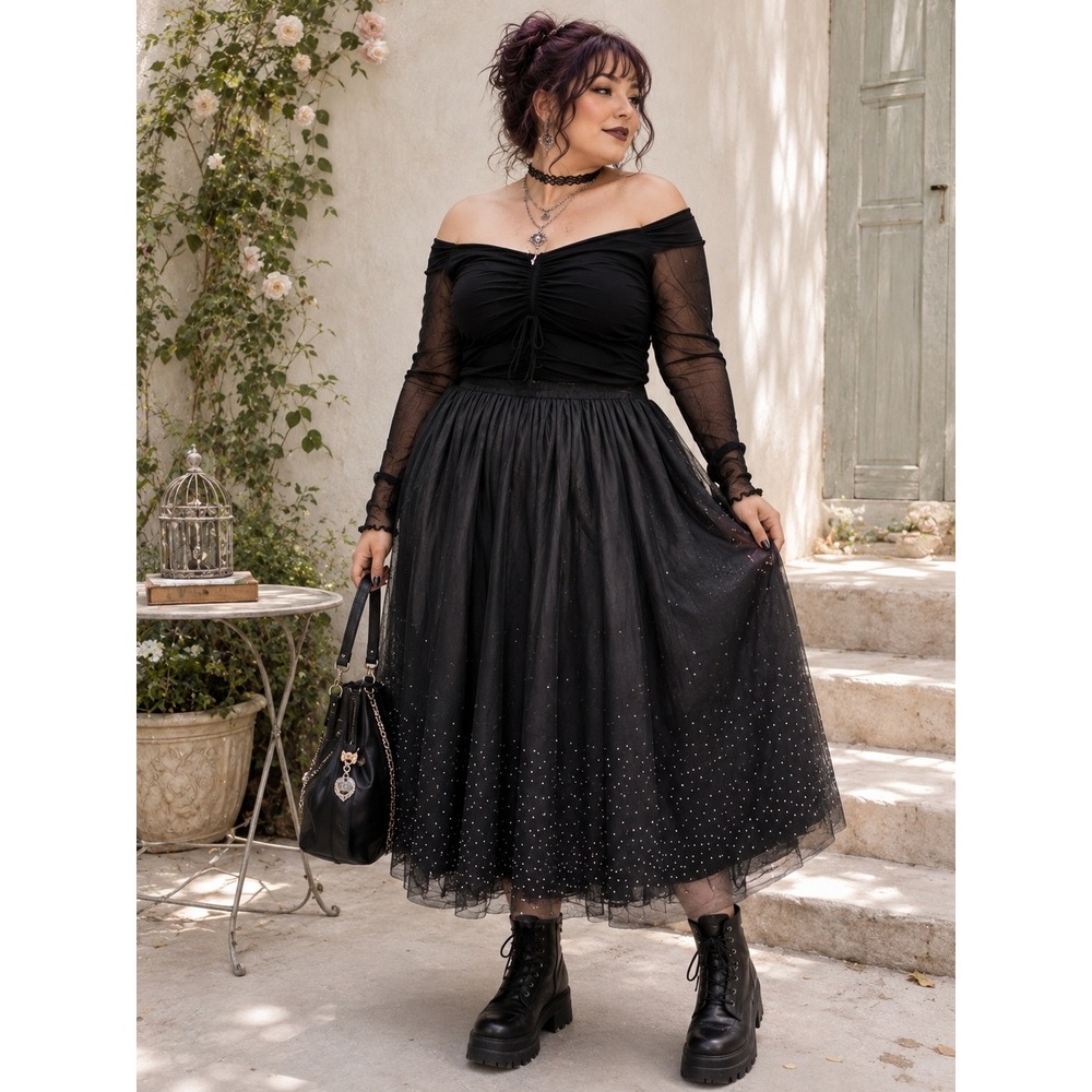 Whimsigoth Fairygrunge Party Glam Black Tulle Rhinestone Mesh 1X Midi Skirt